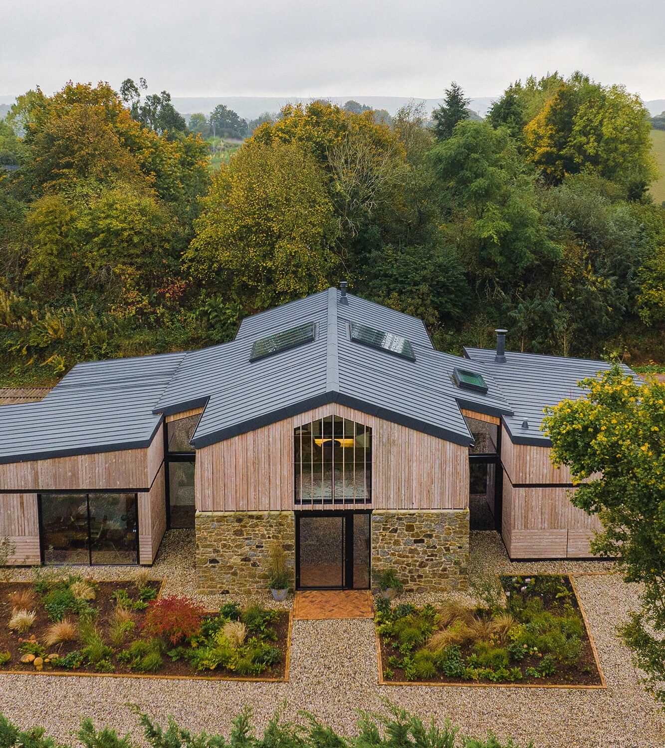 Aerial exterior of Higher Dorsley Barn Conversion in South Hams, Devon