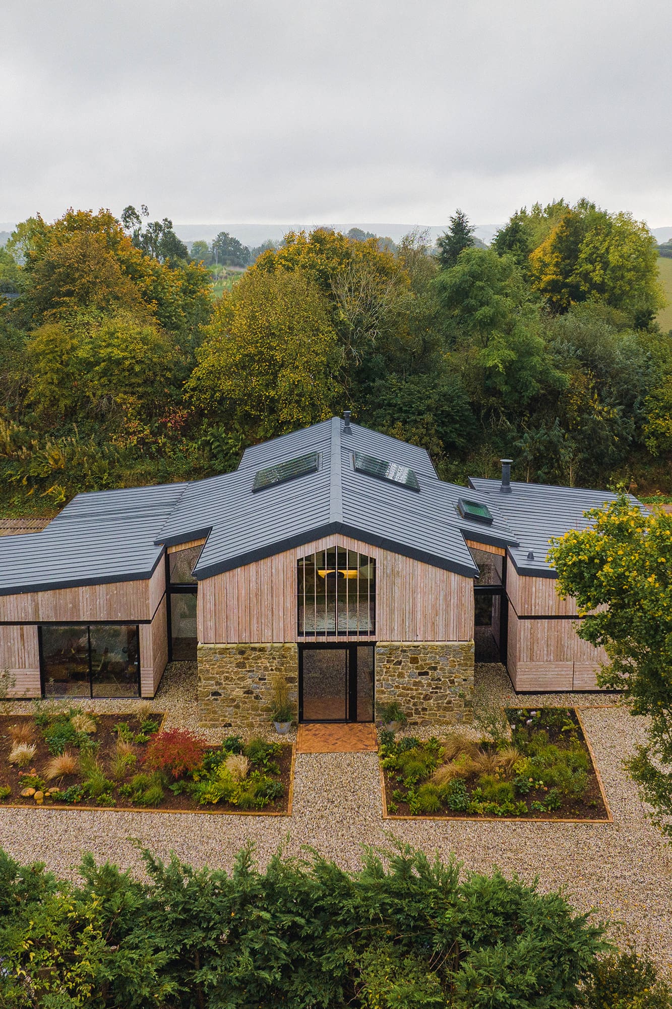 VESP Architects Ltd — Aerial exterior of Higher Dorsley Barn Conversion in South Hams, Devon