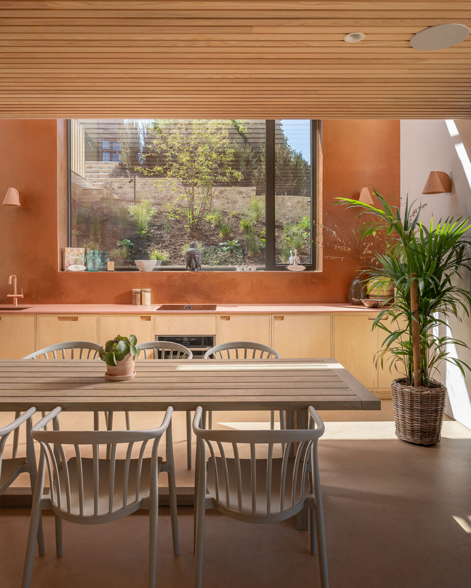 Polished plaster splash back wall above plywood kitchen, VESP architects, Dorset